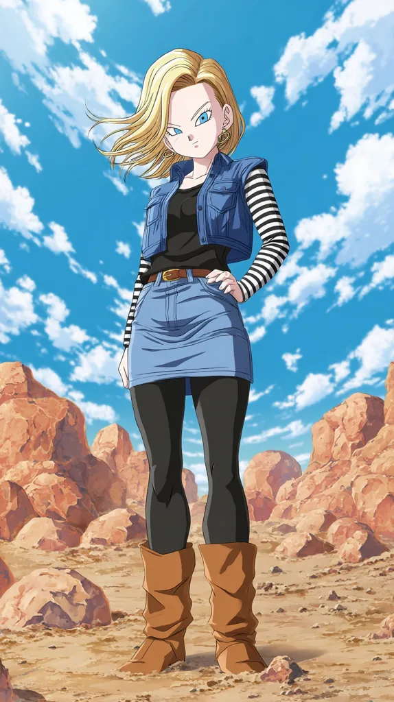 Android 18 from Dragon Ball Super stands confidently in a desert landscape.  She's dressed in her signature denim skirt and jacket, black tights, and brown boots. Her blonde hair blows gently in the wind. The rocky terrain and bright blue sky create a stark yet stylish backdrop.  Her expression is serious and composed, showcasing her powerful yet stylish persona.