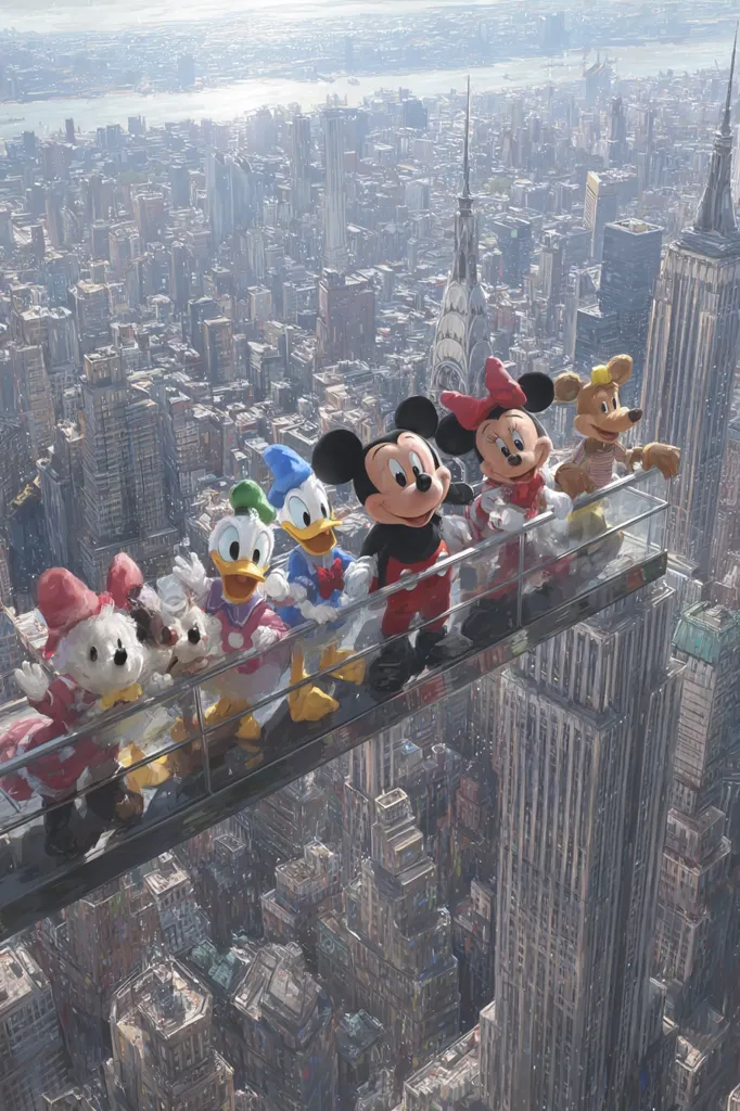 Disney characters, Mickey Mouse, Minnie Mouse, Donald Duck, Daisy Duck, Pluto, and Goofy, are perched on a glass platform high above the snowy cityscape of New York City.  The Empire State Building is visible below, offering a breathtaking panoramic view.  The scene is charming and whimsical, blending the magic of Disney with the iconic New York skyline.