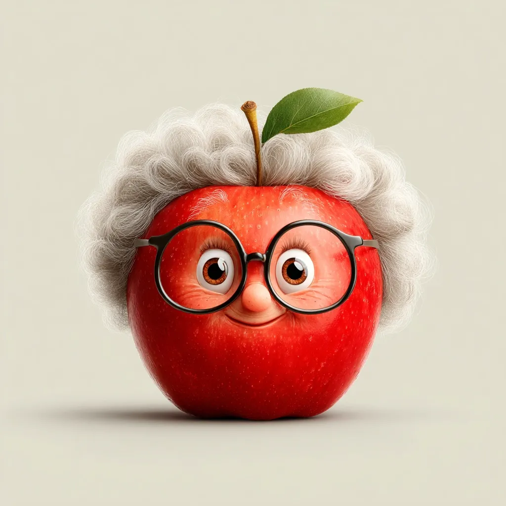 A whimsical illustration depicts a red apple transformed into a friendly, elderly character.  The apple sports a fluffy, gray wig, round glasses perched on its stem, and a cheerful expression.  The image is rendered in a digital, cartoonish style, creating a charming and playful visual. The background is a simple, muted beige.