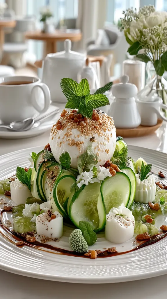 A gourmet salad is artfully presented on a white plate.  A sphere of burrata, topped with sesame seeds and nuts, sits atop a bed of thinly sliced cucumbers.  Small cubes of cheese and fresh mint garnish the dish, which is drizzled with a dark sauce. The elegant setting includes a teacup and teapot in the background, suggesting a sophisticated dining experience.