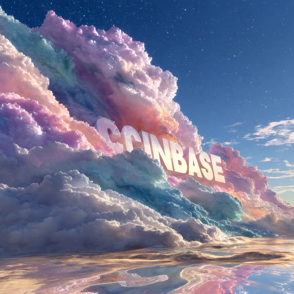 A digital artwork depicts a massive, pastel-colored cloud formation stretching across a serene landscape under a starry sky.  The word "COINBASE" is prominently displayed within the clouds, appearing three-dimensional and bright white.  The clouds are a blend of pink, purple, blue, and white, creating a dreamy and ethereal atmosphere. The reflection of the sky and clouds is visible in the calm waters below.