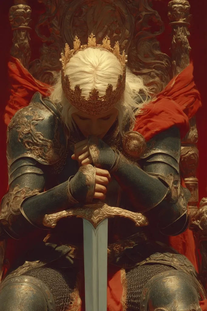 A queen, crowned in gold and clad in ornate dark armor, sits upon a regal throne draped in crimson.  Her hands clasp a sword, its gilded hilt reflecting the warm light.  Her head is bowed in contemplation, her expression hidden by the shadow of her crown and the somber atmosphere. The image evokes a sense of power, solitude, and perhaps, a weighty burden of responsibility.