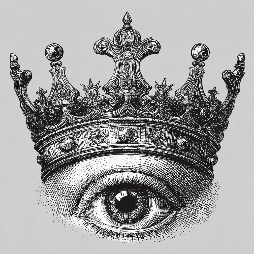 A meticulously detailed pen-and-ink drawing showcases a human eye crowned by an ornate, regal crown.  The eye, rendered with fine lines and shading, gazes directly at the viewer, conveying a sense of power and authority. The crown is richly detailed, its intricate design emphasizing its majesty. The contrast between the delicate eye and the bold crown creates a striking visual effect, suggestive of hidden power or divine observation.