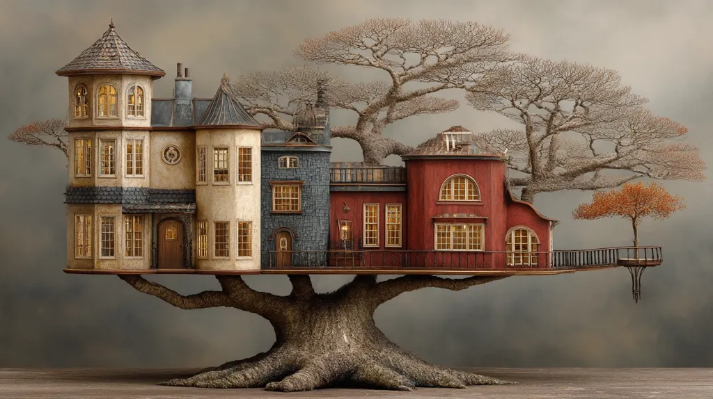 A whimsical miniature village rests atop a large, gnarled tree.  The buildings, in shades of cream, gray, and red, feature detailed architectural elements and glowing windows.  A smaller tree with autumnal leaves sits on a balcony extending from the village. The scene is set against a muted, atmospheric background, creating a fantastical and enchanting image.