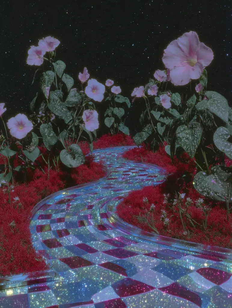 A whimsical, night scene depicts a sparkling, checkered pathway winding through a garden.  Pink morning glories bloom amidst vibrant red foliage under a starry sky. The path shimmers with a celestial, glittery effect, creating a dreamy, surreal atmosphere. The overall aesthetic is reminiscent of a fantasy or fairytale setting.