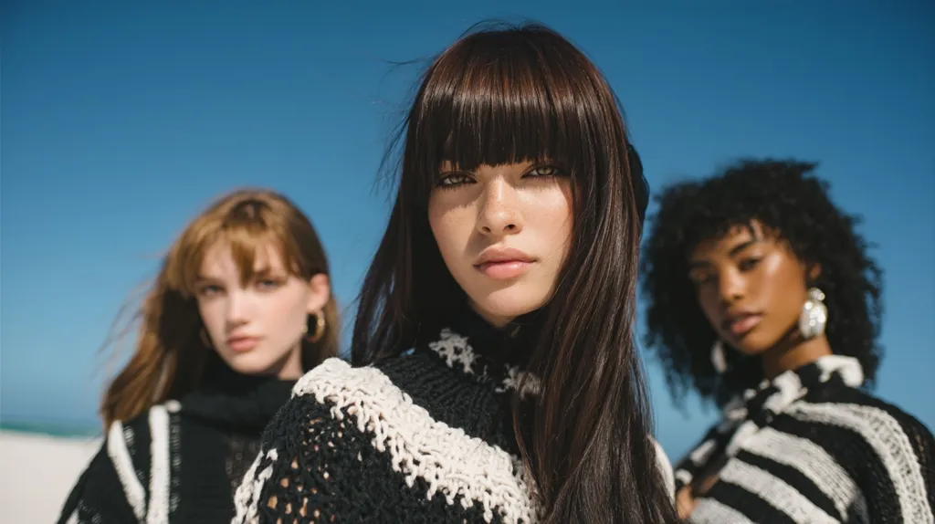 Three young women, each with distinct hairstyles, stand against a bright blue sky. The central figure, with straight, dark hair and blunt bangs, is in sharp focus, wearing a black and white knitted sweater.  The women on either side are slightly blurred, wearing similar striped sweaters.  The overall image conveys a fashionable and modern aesthetic.