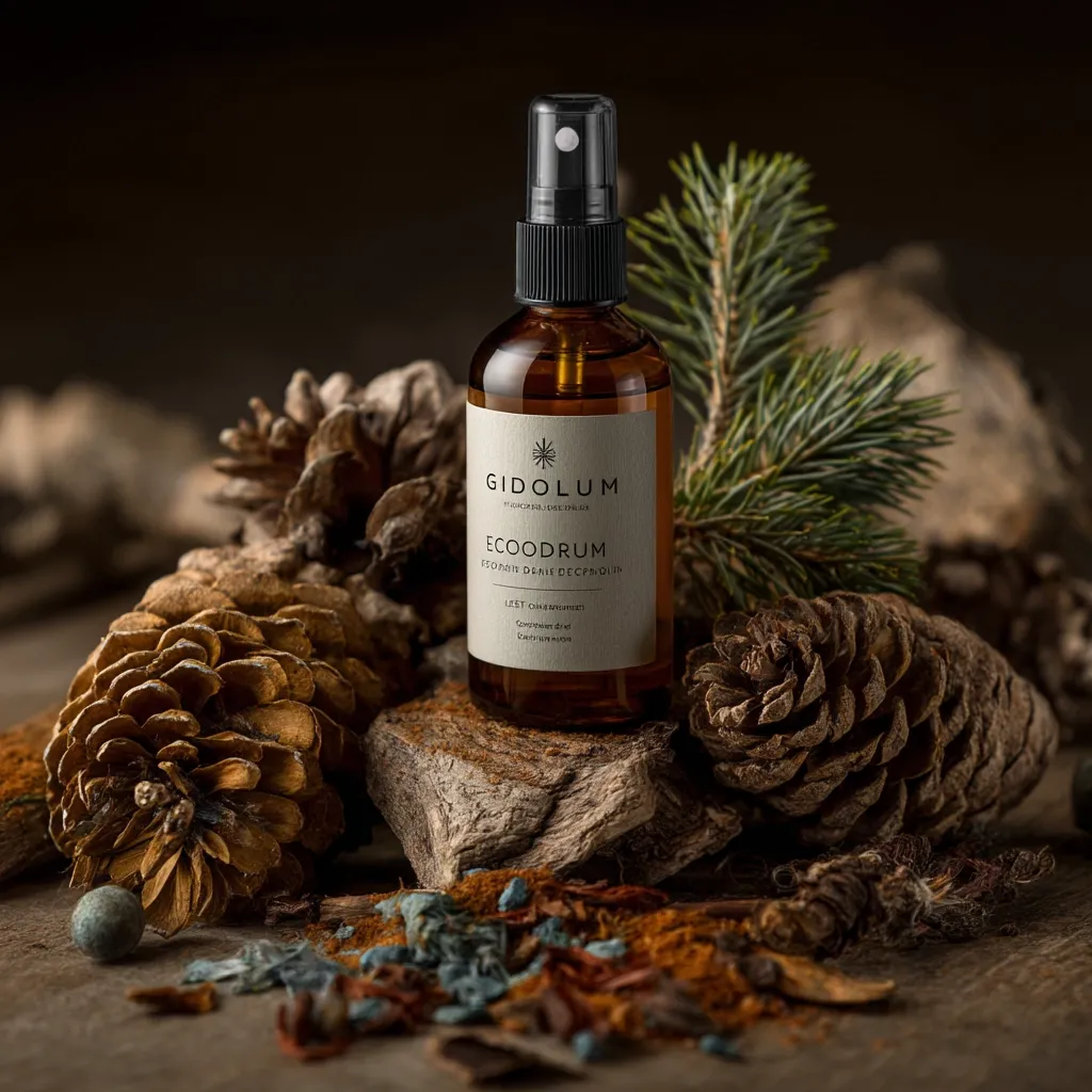 A brown amber glass bottle of Gidolum Ecoodrum room spray rests on a rustic wooden surface.  Surrounding the bottle are pine cones, sprigs of evergreen, and dried botanicals.  The label features minimalist typography in a neutral palette, creating a sophisticated and natural aesthetic. The overall image evokes a feeling of calm and serenity, suggesting a natural and earthy fragrance.