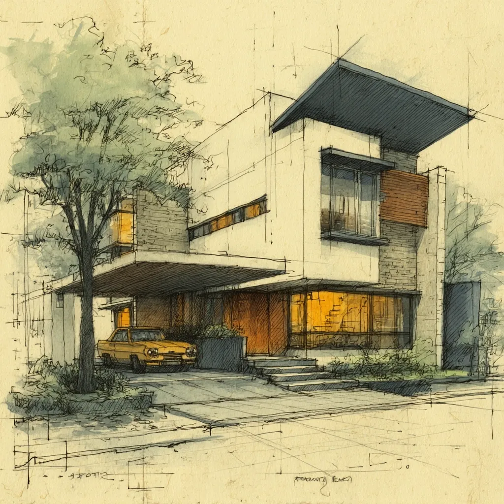 A pen and watercolor sketch depicts a modern, single-story house with a carport.  The building is light-colored with dark accents, featuring large windows glowing warmly from within. A yellow classic car is parked under the carport.  A tree stands to the left, and landscaping is suggested around the house.  Architectural guidelines are lightly sketched over the image, giving it a design blueprint feel. The overall style is detailed yet evocative.