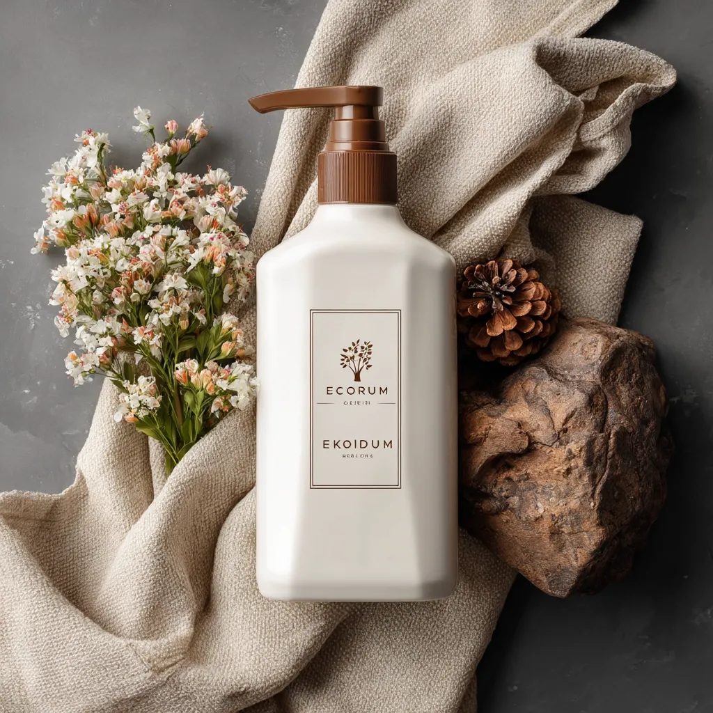 A white pump bottle of EKOIDUM hand lotion sits on a beige linen cloth.  The bottle features minimalist branding with a tree logo.  Nearby are a small bouquet of white flowers, a pine cone, and a rough brown rock, creating a natural and calming aesthetic. The scene is photographed from above on a dark gray background.