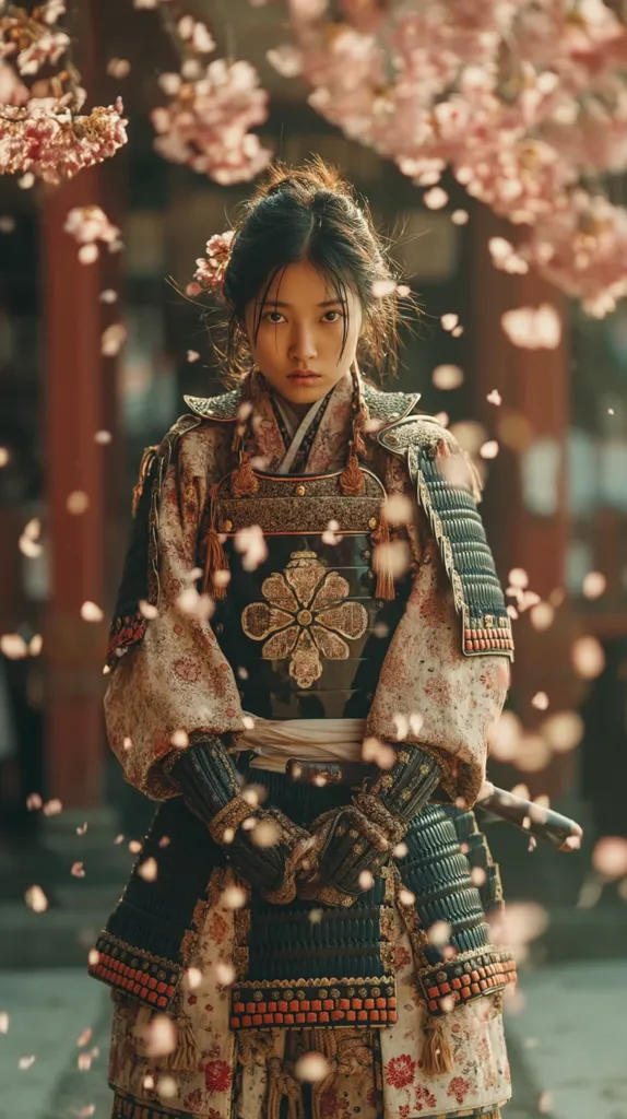 A young woman, possibly a samurai, stands amidst falling cherry blossoms.  She wears ornate, floral-patterned armor over a kimono.  Her expression is serious and direct, her hands clasped in front of her. The scene is evocative of a historical drama, combining the beauty of nature with the strength of a warrior.  The soft light and delicate petals contrast with the dark, detailed armor.