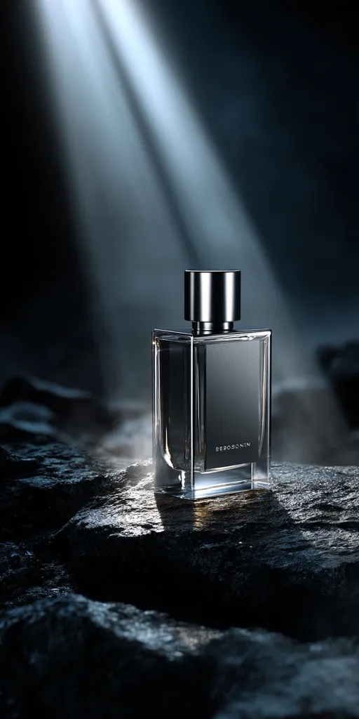 A rectangular glass perfume bottle with a silver cap sits on dark, rough rocks.  A single beam of light illuminates the bottle, highlighting its sleek design and the "BERDOUIN" label subtly visible on the front. The dark background and dramatic lighting create a sophisticated and mysterious atmosphere. The overall image evokes a sense of luxury and exclusivity.