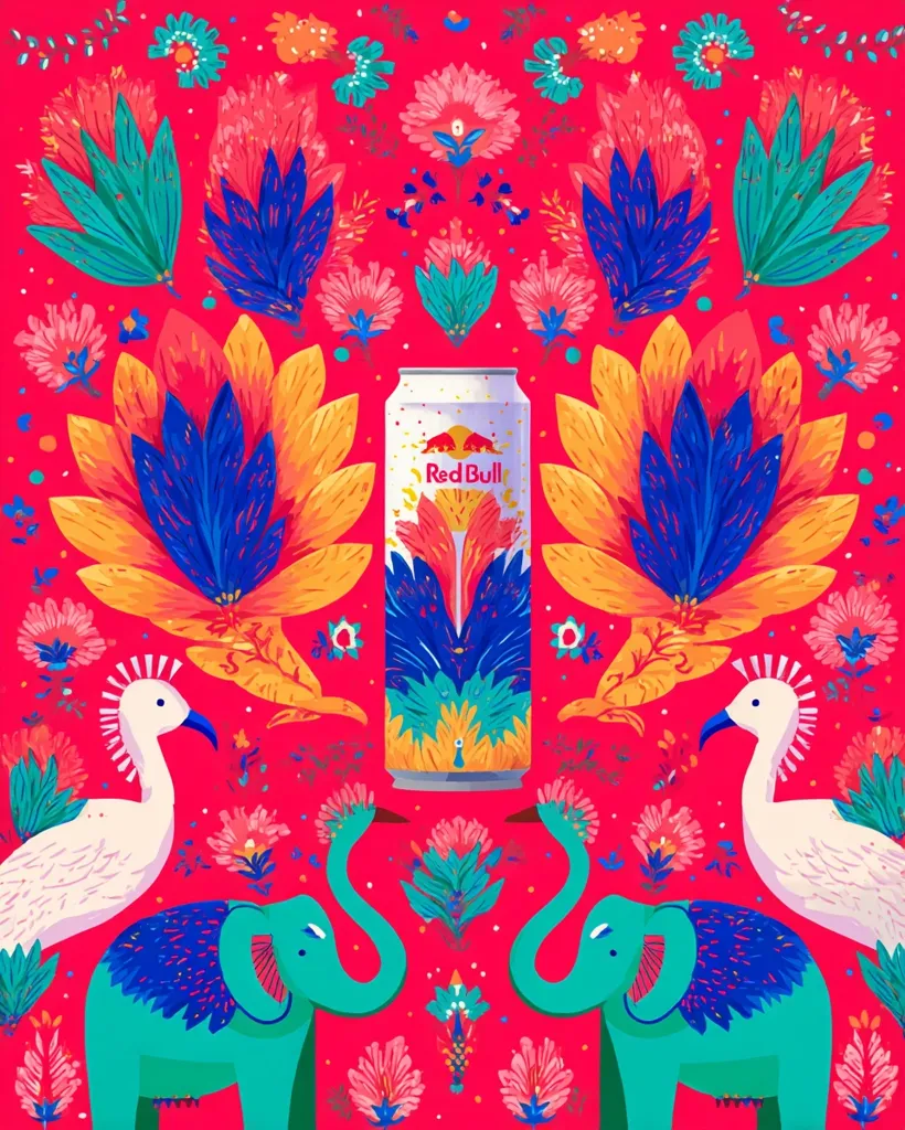 A vibrant illustration features a Red Bull can centrally positioned amidst a lively floral pattern.  Two teal elephants flank the can, their trunks playfully intertwined, while two stylized birds stand guard on either side.  The overall aesthetic is bold and colorful, suggestive of South Asian or Indian-inspired art.  The design is symmetrical and visually striking.