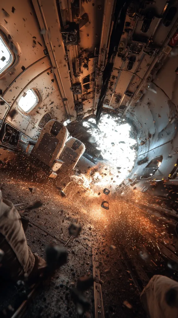 The image shows the interior of a plane during a catastrophic event.  A large hole has ripped through the fuselage, showering the cabin with debris and sparks.  Airplane seats are dislodged and scattered amidst the wreckage.  The scene is chaotic and destructive, with a sense of imminent danger.  The perspective is from within the plane, giving a visceral view of the destruction.  The overall tone is dark and intense.