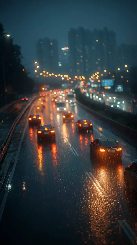 A rainy night scene on a city highway.  Numerous cars, their taillights glowing amber, drive through the downpour.  City buildings loom in the background, their lights blurred by the rain and distance.  The wet asphalt reflects the vehicle lights, creating a shimmering effect. The overall mood is dark, moody, and atmospheric.