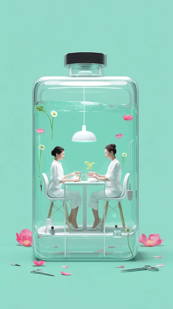 Two women in white outfits sit at a small table inside a large, clear bottle filled with water.  Floral elements float around them, and a simple pendant light hangs above. The scene is serene and minimalist, set against a pastel green background.  The bottle's design suggests a spa-like or beauty-related concept.  Small scissors and pink petals lie scattered on the surface below the bottle.