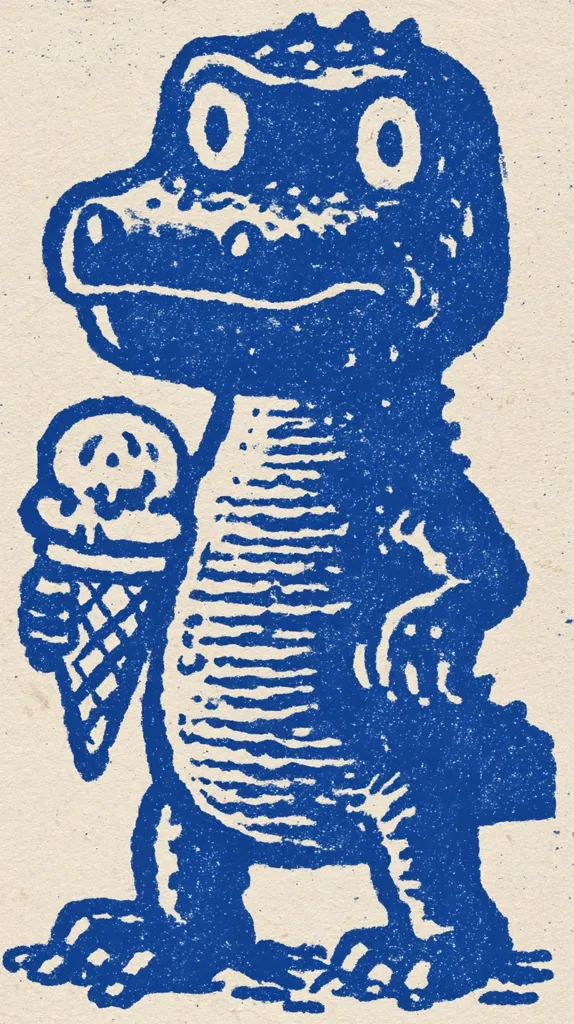 A whimsical blue illustration depicts a cartoon alligator holding an ice cream cone.  The alligator's design is simple yet expressive, with large eyes and textured scales. The ice cream is a classic scoop in a waffle cone. The style is reminiscent of vintage linocut prints, with visible texture and bold outlines. The overall feel is playful and charming.