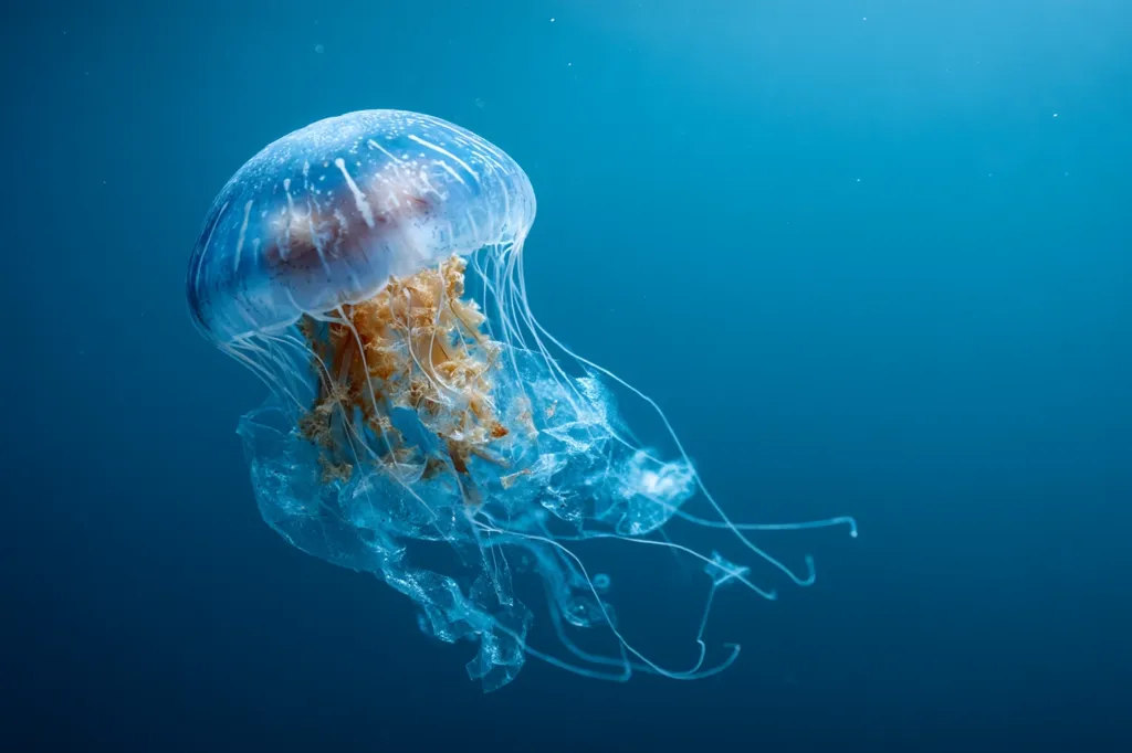 A jellyfish, translucent and bell-shaped, floats gracefully in deep blue ocean water.  Its body is predominantly pale, with hints of pink near the center, and long, flowing tentacles of a golden-orange hue trail beneath. The image is sharply focused on the jellyfish, creating a striking contrast against the clear, deep blue backdrop.  The jellyfish appears serene and almost ethereal in its underwater environment.