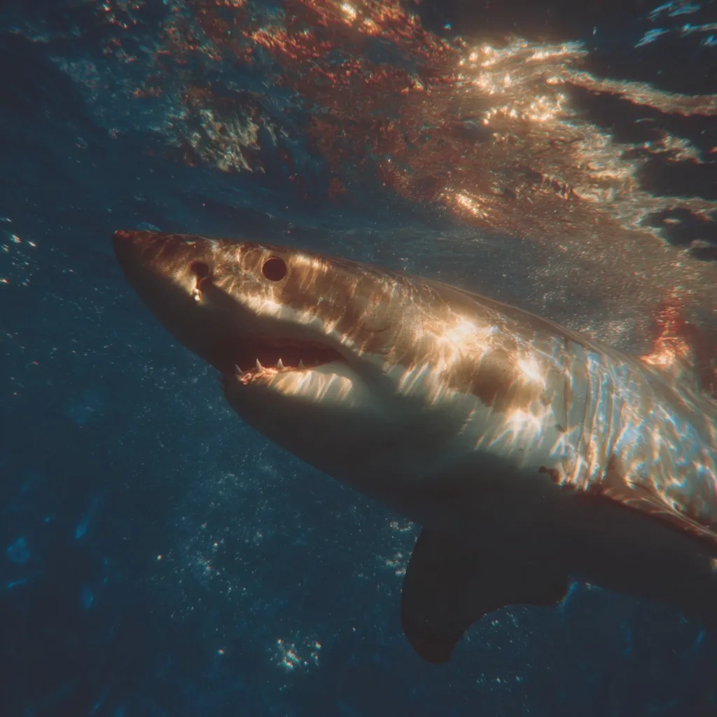 An underwater close-up reveals a great white shark, its massive form illuminated by sunlight filtering through the water's surface. The shark's powerful jaws and sharp teeth are partially visible, creating a dramatic contrast against the dark blue backdrop.  Sunlight refracts and dances across its skin, highlighting its size and imposing presence in its ocean habitat.  The image captures a moment of serene power in the marine world.