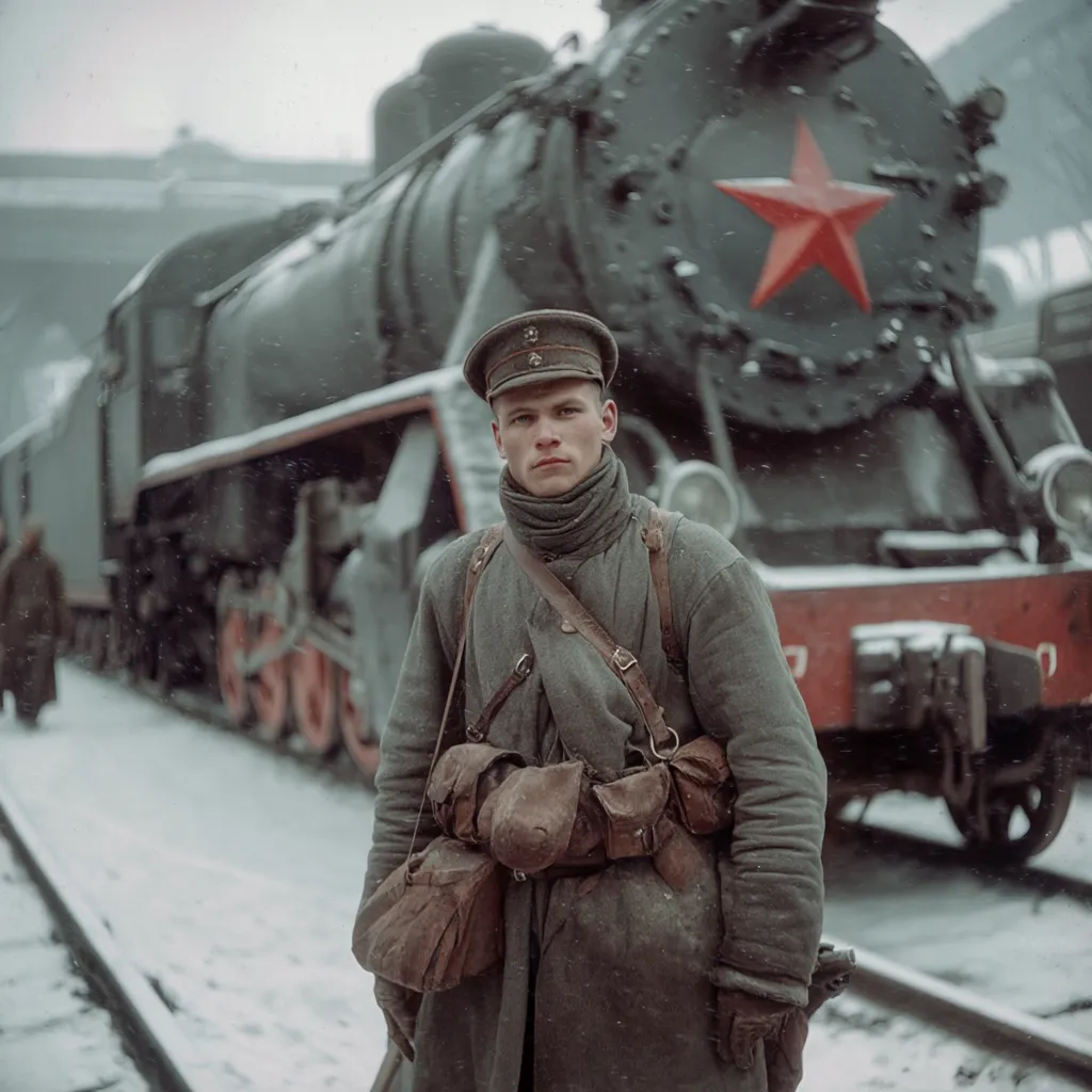 A young soldier in a grey winter uniform stands in the snow beside a large, dark-colored locomotive.  The train bears a prominent red star, suggesting a Soviet setting.  Snow falls lightly, creating a somber and evocative atmosphere. The soldier's expression is serious, his gaze directed towards the viewer.  He carries equipment, including a satchel and what appears to be a canteen. The overall scene evokes a sense of wartime stillness.