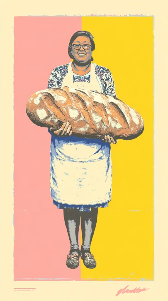 A vibrant screen print depicts a smiling woman, glasses perched on her nose, proudly holding a large loaf of bread.  She wears a floral-patterned top, white apron, and dark socks with decorative shoes. The background is split, half soft pink and half sunny yellow, creating a bold contrast with the central figure.  The style is bold and graphic, emphasizing the woman's joyful expression and the warmth of the freshly baked bread.