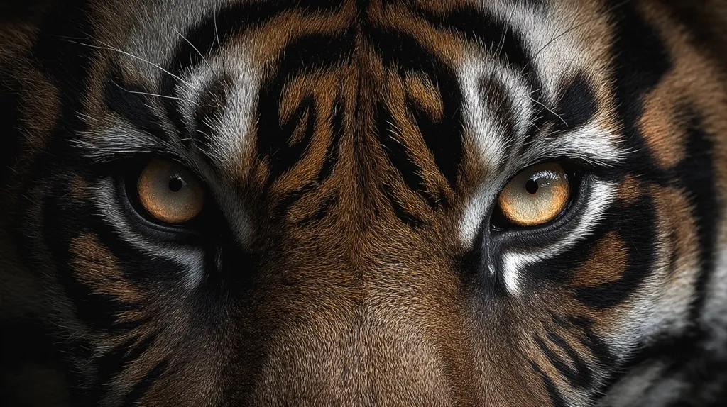 A close-up reveals a tiger's intense gaze.  Golden eyes, flecked with dark pupils, pierce the viewer.  The intricate detail of its orange and black striped fur is sharply defined, emphasizing the texture and power of the animal.  The dark background enhances the tiger's striking features, creating a dramatic and captivating image.
