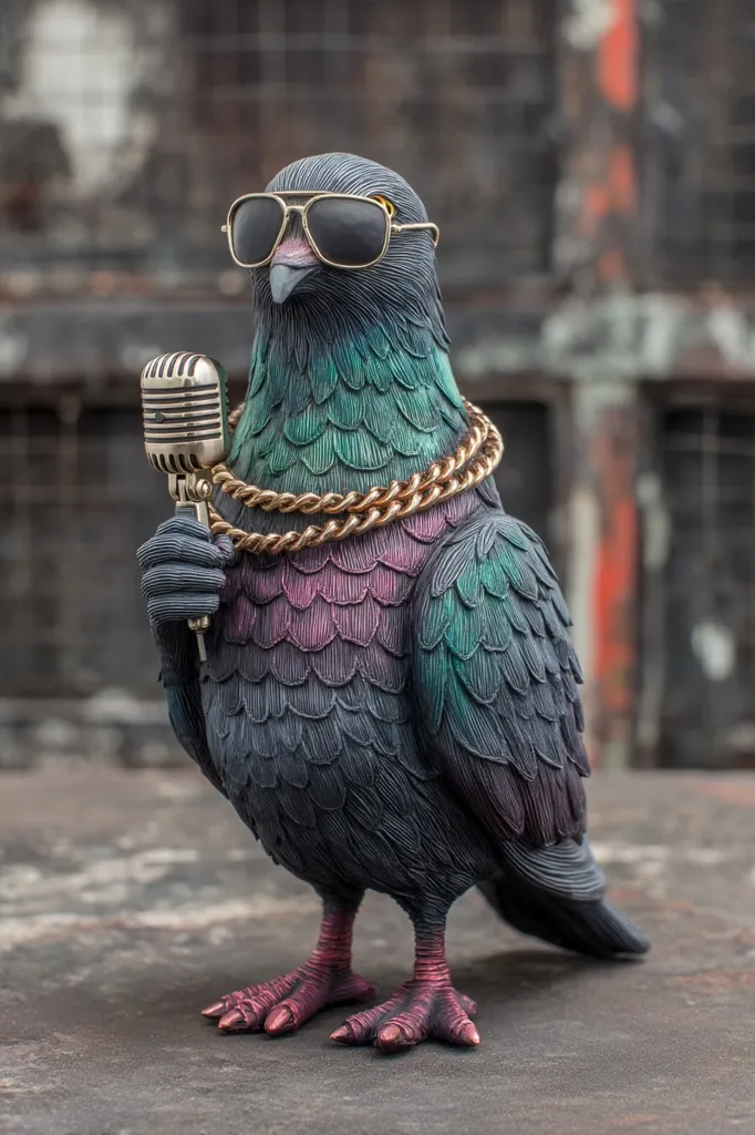 A pigeon, rendered in striking detail, sports aviator sunglasses and a gold chain, holding a vintage microphone.  Its iridescent plumage shimmers, suggesting a blend of dark blues, greens, and purples. The setting appears urban, with a blurred background hinting at a gritty city environment. The overall effect is humorous and slightly surreal, presenting a stylish, anthropomorphic bird.
