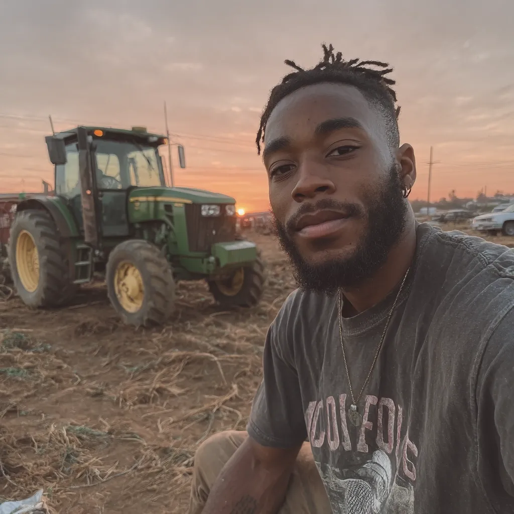 A young Black man with dreadlocks sits in a field at sunset, a green tractor blurred in the background. He wears a dark gray t-shirt with a graphic design and a silver necklace.  The setting sun casts a warm glow on the scene.  The man looks directly at the camera with a calm expression. The overall mood is one of quiet contemplation and rural serenity.