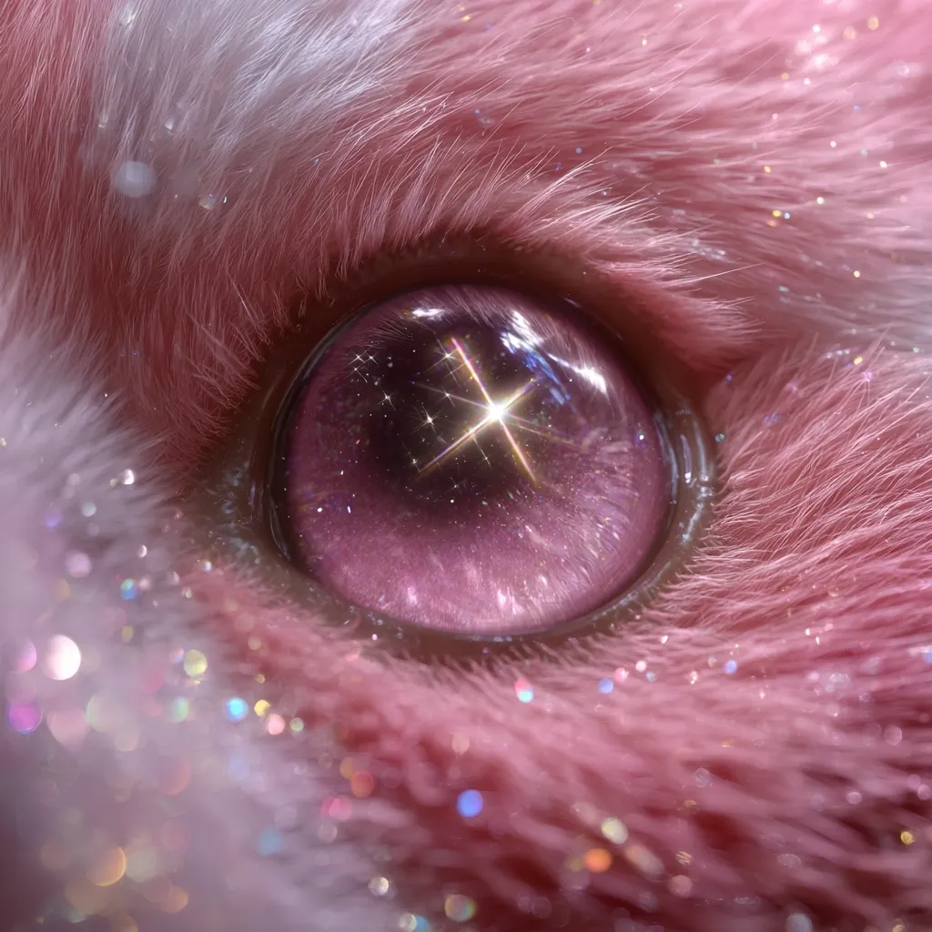 A close-up reveals a captivating eye, seemingly belonging to a creature with soft, pink fur speckled with glitter.  The eye itself is a mesmerizing sphere of pink and purple, reflecting a radiant starburst within.  The overall effect is dreamy and fantastical, suggesting a magical or otherworldly being.