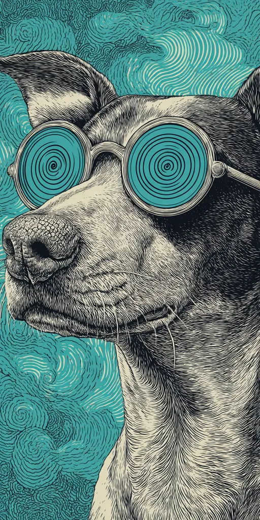 A detailed, black and white line drawing of a dog's head and shoulders. The dog wears large, round, teal sunglasses with a hypnotic spiral pattern.  The background is a textured teal design of swirling lines and shapes. The image style is reminiscent of vintage illustrations or psychedelic art. The dog's expression is calm and slightly amused.