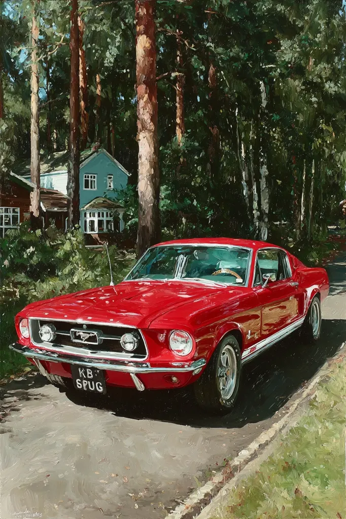 A vibrant red Ford Mustang fastback, license plate KB SPUG, is parked on a sun-dappled road.  Tall trees and a light blue house form a backdrop, suggesting a tranquil suburban setting.  The painting's impasto style adds texture and depth, emphasizing the car's sleek lines and the dappled sunlight filtering through the leaves. The scene evokes a sense of calm and classic American automotive beauty.