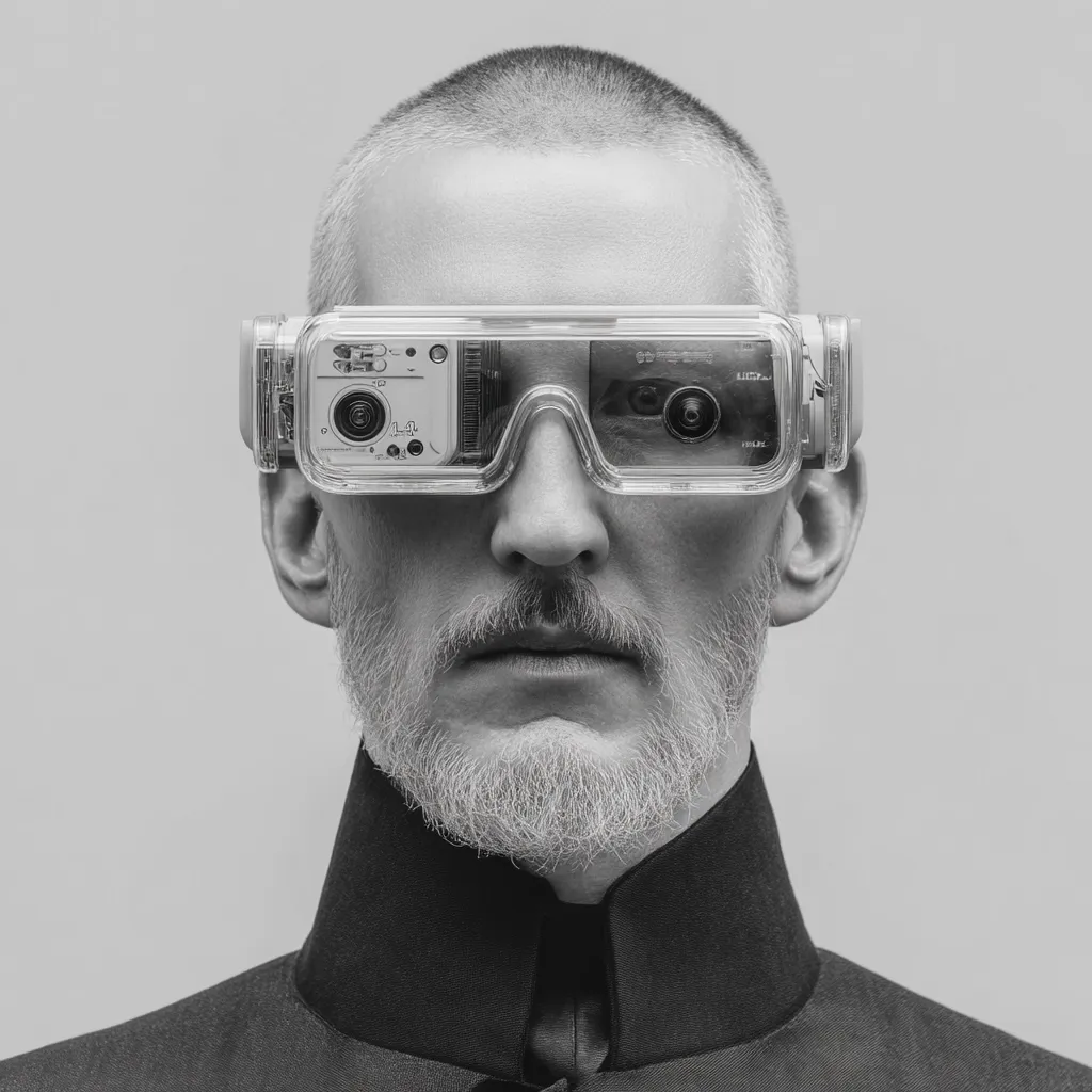 A black and white portrait of a man with short, buzzed hair and a short, well-groomed gray beard. He wears transparent glasses with small cameras integrated into the frames. The man's expression is serious and neutral, conveying a sense of futuristic technology and possibly surveillance. The image has a minimalist and slightly dystopian feel.