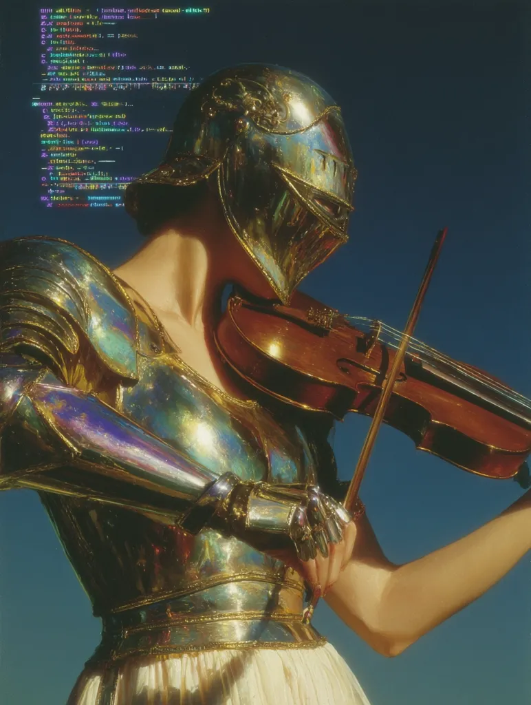 A digital painting depicts a woman in shining gold armor, resembling a knight, playing a violin.  The armor is iridescent, reflecting light with vibrant colors.  She wears a helmet, partially obscuring her face, and a flowing white skirt.  A segment of computer code is visible in the upper left corner, adding a futuristic element to the otherwise classical scene. The background is a deep blue sky.