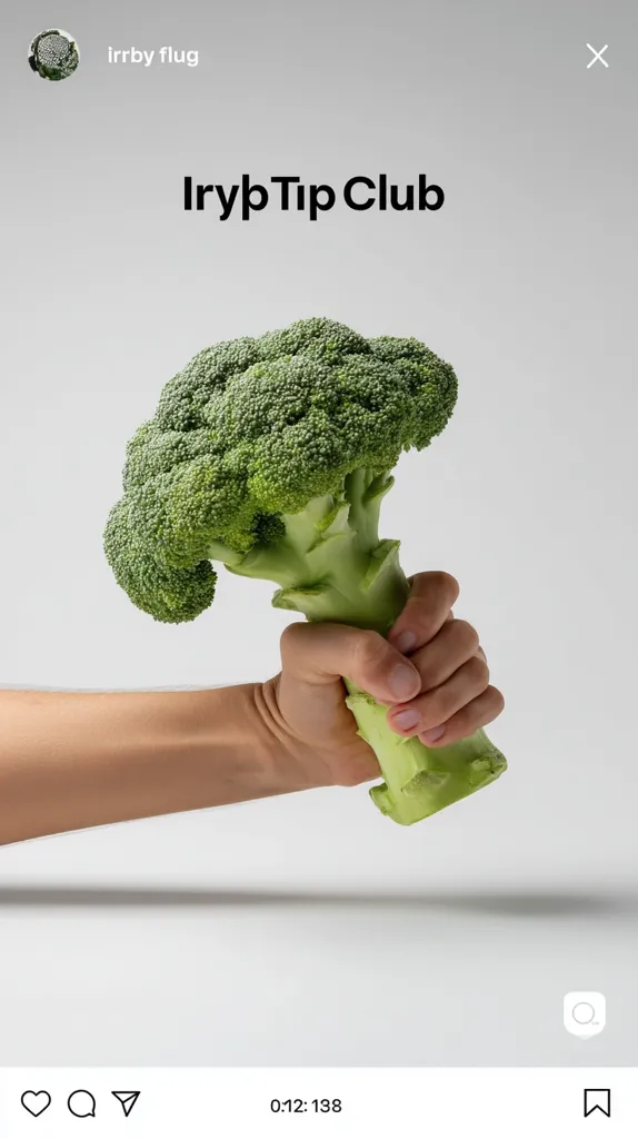 A hand holds a large head of broccoli against a light gray background.  The image is a vertical Instagram post featuring the text "Iryb Tip Club" and a profile picture in the upper left corner. The broccoli is prominently displayed, taking up a significant portion of the frame. The overall tone is clean and minimalist.
