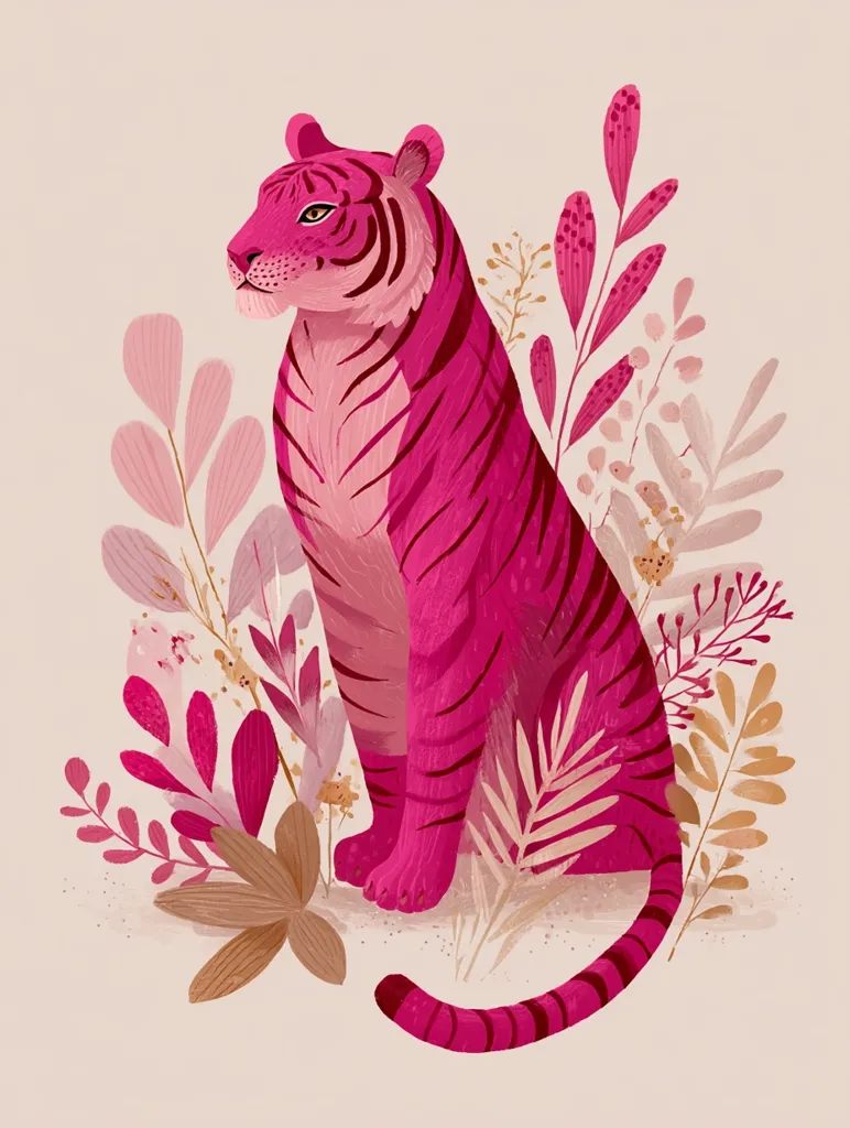 A vibrant pink tiger sits serenely amidst a profusion of stylized foliage.  The tiger's stripes are rendered in varying shades of pink, creating a striking contrast against the muted tones of the surrounding plants. The illustration boasts a bold, graphic style, with flat colors and clean lines suggesting a playful, almost whimsical feel. The overall palette is warm and inviting.