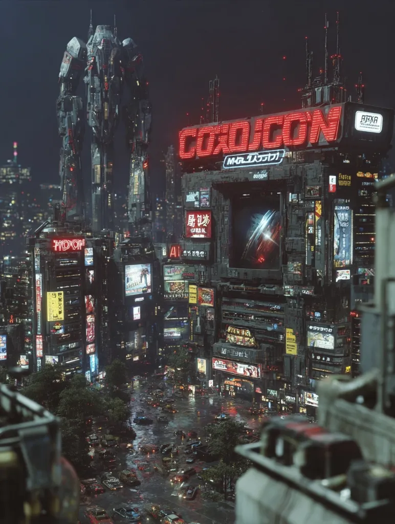 A futuristic cityscape at night is dominated by a colossal mecha standing over a bustling square.  Bright, neon signs advertise in a mix of English and Japanese, illuminating the rain-slicked streets below.  The architecture is dense and layered, a blend of towering buildings and intricate signage, creating a vibrant and crowded urban scene. "COXOICON" is prominently displayed, suggesting a convention or event. The overall atmosphere is one of cyberpunk dystopia, yet also dynamic and energetic.