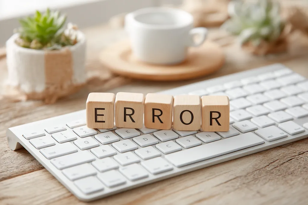 Wooden blocks spelling "ERROR" rest on a white wireless keyboard.  A blurred background shows a coffee cup and small potted succulents on a rustic wooden desk. The image suggests a computer error or technical problem, creating a visual metaphor for troubleshooting or system malfunctions.  The scene is calm and subtly evokes the frustration of encountering an error message.