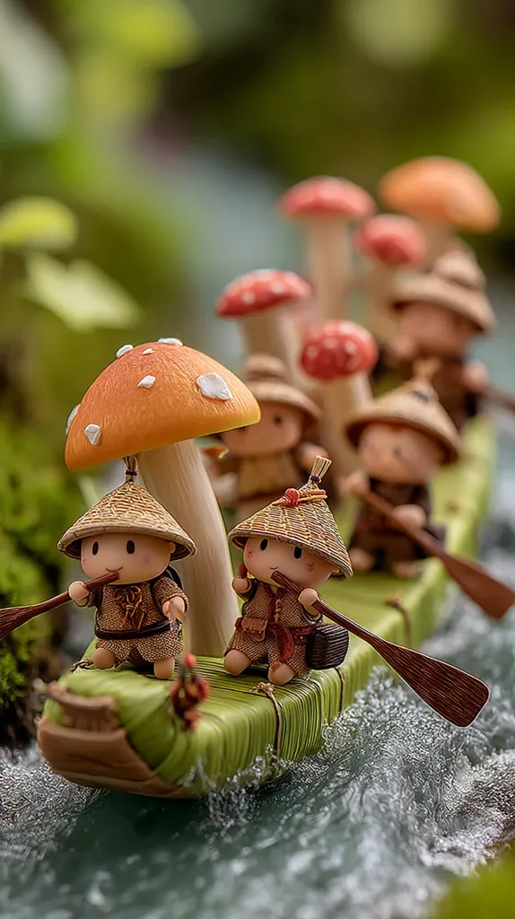 Adorable miniature figurines, resembling tiny people in conical hats, navigate a makeshift raft crafted from woven leaves.  They're propelled by miniature oars, with a large orange mushroom providing shade. The scene is set amidst a blurry, verdant background, suggesting a whimsical, natural environment. The detail in the figurines and raft is remarkable, creating a charming and enchanting miniature world.