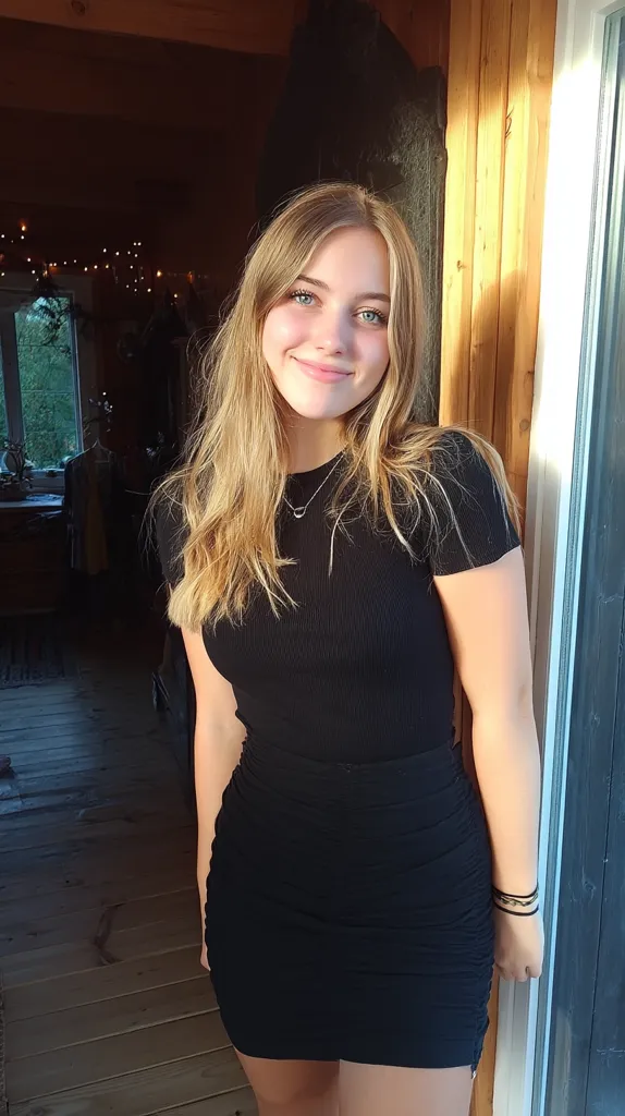 A young woman with long blonde hair smiles gently at the camera. She's wearing a short-sleeved, black ribbed mini dress and a delicate necklace.  The setting appears to be a rustic wooden interior, bathed in warm, natural light streaming through a doorway.  She stands near a window, her pose relaxed and casual.