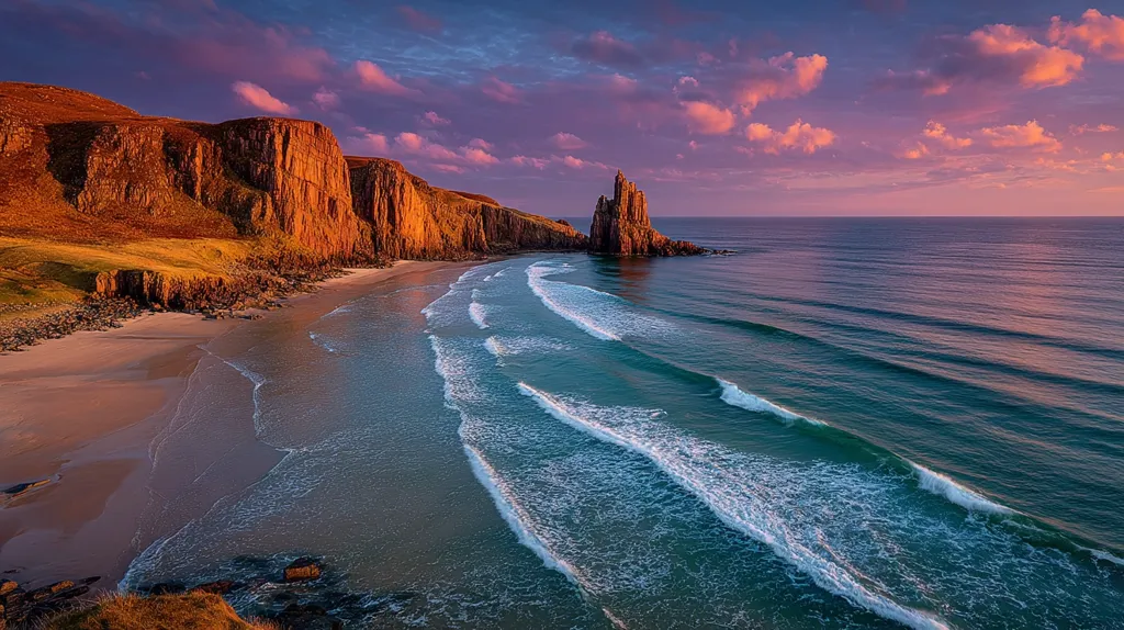 A breathtaking sunset casts a warm glow on a secluded beach, where gentle waves roll onto the shore.  Steep, reddish-brown cliffs rise dramatically from the sand, culminating in a tall, solitary rock formation jutting out into the ocean.  The sky is painted with vibrant hues of pink and purple, creating a serene and captivating coastal scene.