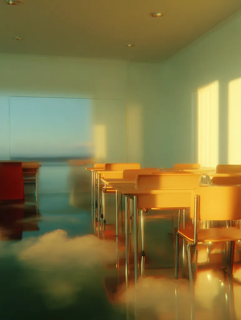 A surreal classroom bathed in warm, golden sunlight.  Empty orange desks and chairs stand on a floor seemingly filled with clouds, reflecting the scene.  A large window displays a calm seascape, enhancing the dreamlike atmosphere. The room is minimalist, with pale walls and a simple ceiling.  The overall effect is serene and otherworldly.