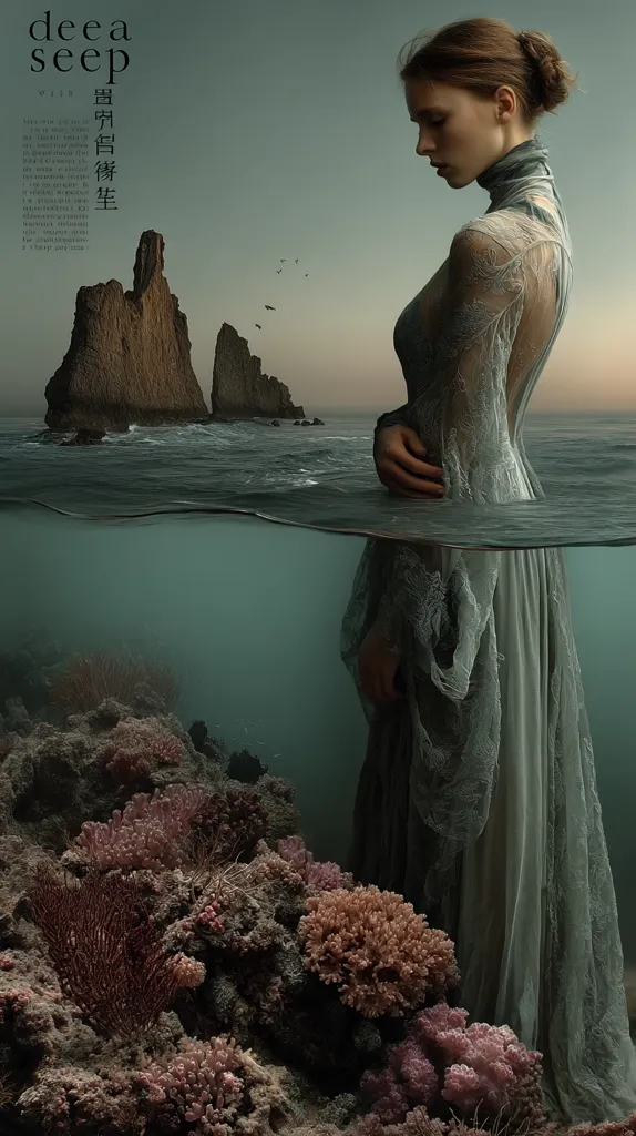 A serene woman in a flowing, lace gown stands partially submerged in the ocean.  The upper half of the image shows her gazing pensively at a rocky island in the distance, while the lower half reveals vibrant coral reefs beneath the water's surface. The overall mood is melancholic and ethereal, blending the beauty of nature with a sense of solitude.  The title "Deepa Seep" is visible at the top.