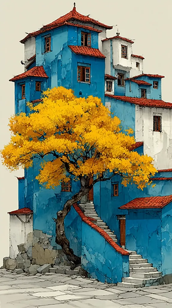 A vibrant painting depicts a multi-story blue building with red-tiled roofs, nestled amongst a rocky landscape.  A large tree with bright yellow leaves stands prominently in front, partially obscuring the building's entrance.  Stone staircases ascend the building's side, adding to the architectural detail. The style is evocative of a whimsical, possibly Asian-inspired, village scene. The color palette is bold and contrasting, creating a striking visual impact.