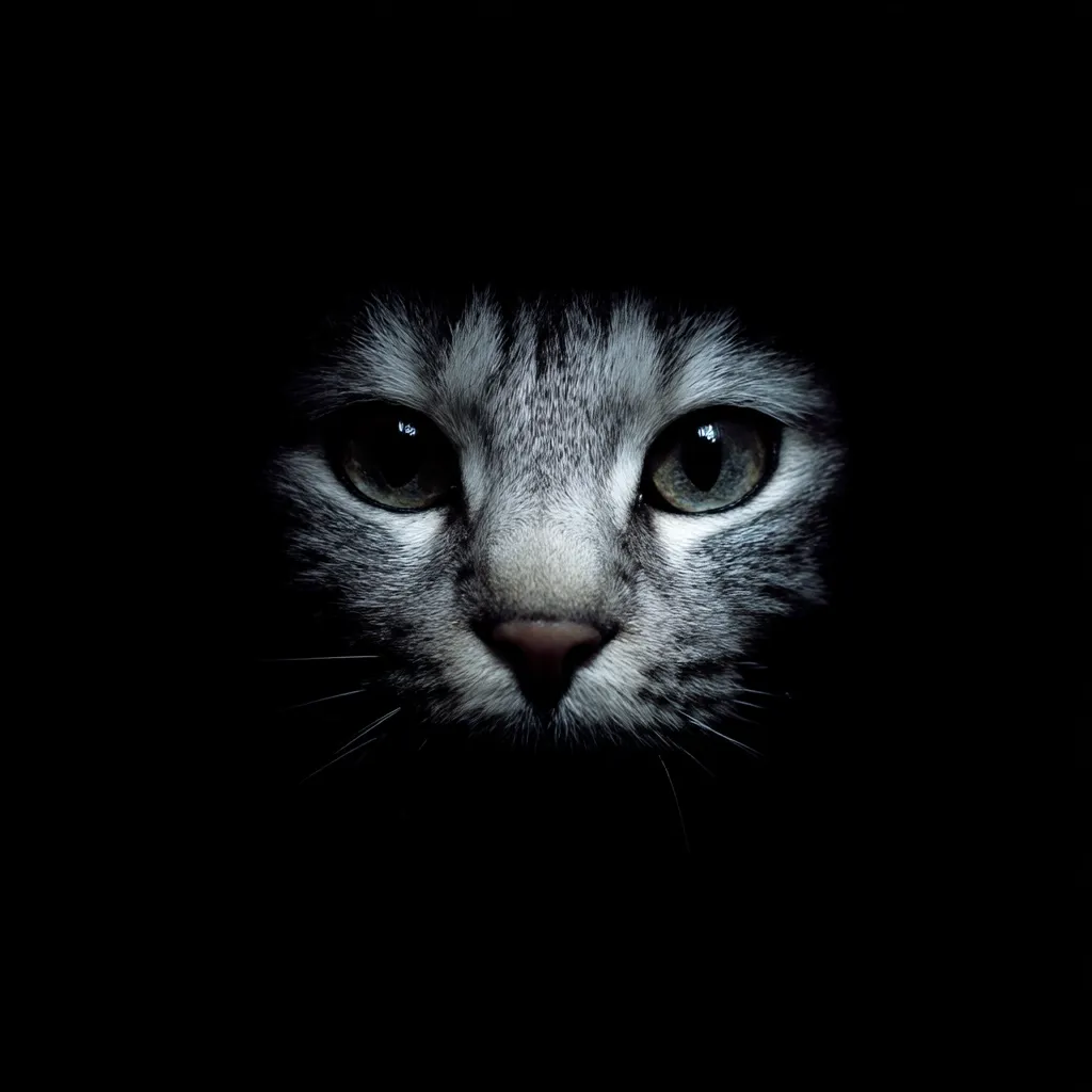 A close-up shot reveals the face of a gray cat, its piercing green eyes and delicate whiskers emphasized against a stark black background.  Only the cat's head and shoulders are visible, creating a mysterious and captivating image. The lighting focuses on the cat's features, enhancing its intensity and drawing the viewer's attention to its expressive gaze.  The overall mood is dark and enigmatic.