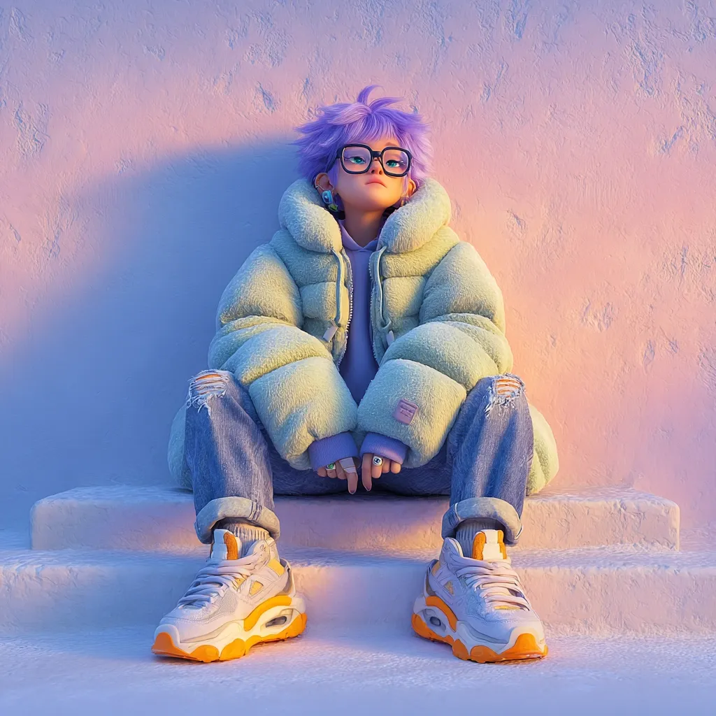 A stylized digital rendering of a young person with lavender hair, wearing glasses and a light green puffy jacket, sits on steps against a pale pink wall.  They are dressed in distressed jeans and chunky, orange-soled sneakers.  The overall aesthetic is soft, pastel, and slightly futuristic.  The lighting suggests a sunset or sunrise.