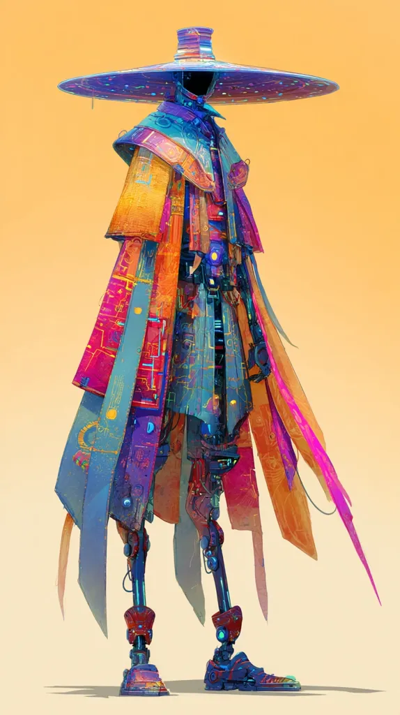 A vibrant digital painting showcases a stylized figure, possibly robotic or humanoid, adorned in a large, wide-brimmed hat and a flowing, multicolored cloak.  The cloak's design incorporates a mix of geometric shapes and patterns in shades of orange, pink, blue, and purple. The figure's legs are mechanistic, contrasting with the flowing fabric. The overall aesthetic is a blend of futuristic and traditional elements, creating a striking visual effect against a warm, pale orange background.