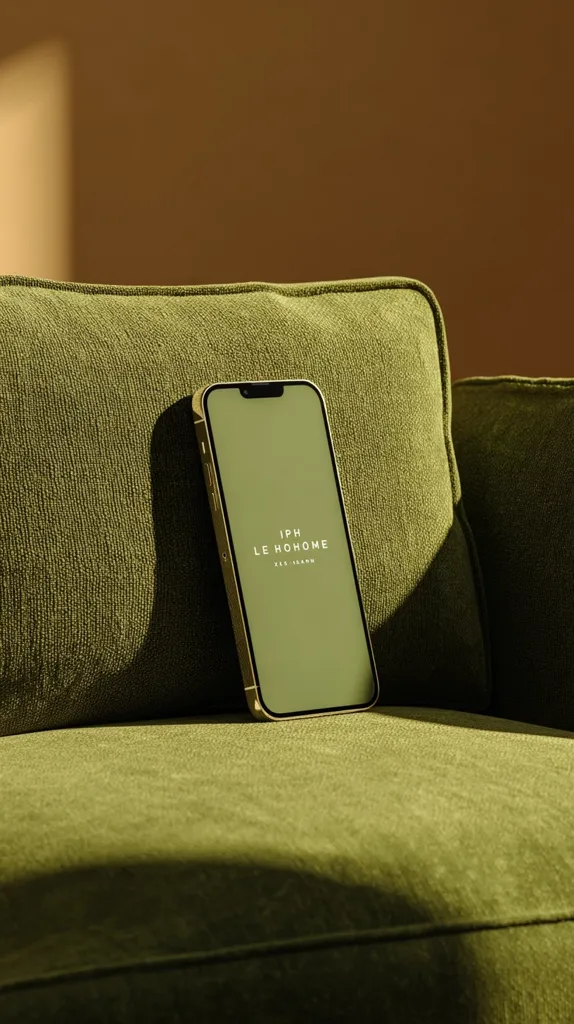 A gold iPhone rests on a sage green couch cushion.  Sunlight illuminates the scene, casting shadows on the plush fabric.  The phone's screen displays minimalist text: "IPH LE HOHOME XES ISLAH," suggesting a brand or product. The overall aesthetic is calm and understated, emphasizing texture and muted tones.
