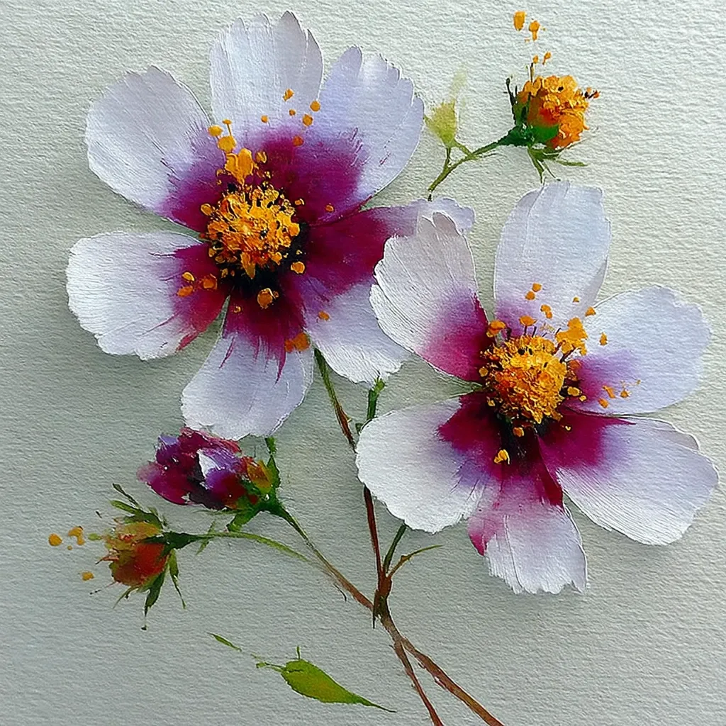 A delicate painting showcases two prominent blossoms in soft white, their centers adorned with deep magenta and golden stamens.  Smaller, unopened buds and scattered pollen add to the composition.  The style is loose and impressionistic, with visible brushstrokes creating a sense of movement and light. The flowers are depicted against a muted, textured background, enhancing their vibrant hues.