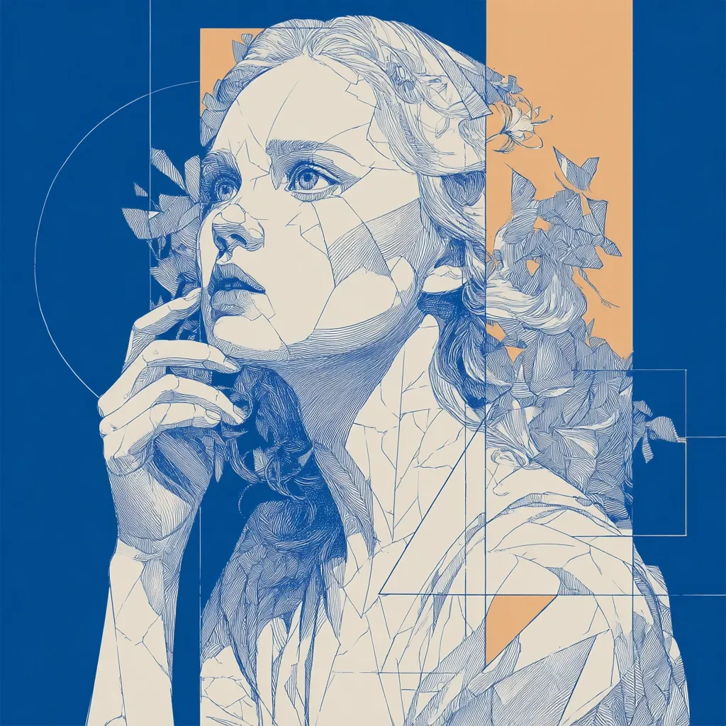 A stylized portrait of a woman, rendered in blue ink lines against a blue and beige background. Her face and hair are depicted in a fragmented, geometric style, resembling shattered glass or a mosaic.  Floral elements intertwine with her hair, adding a delicate contrast to the sharp lines. Geometric shapes overlay the image, creating a sense of depth and structure. The overall effect is one of both fragility and strength.
