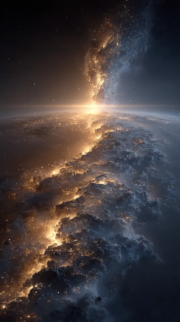 A breathtaking cosmic scene unfolds, showcasing a celestial river of golden light cascading across a dark, cloud-filled expanse.  The luminous stream, reminiscent of a galaxy's core, stretches from a distant horizon, its brilliance contrasting beautifully against the deep, shadowy hues of space.  Countless stars twinkle in the background, adding to the image's ethereal and awe-inspiring quality.