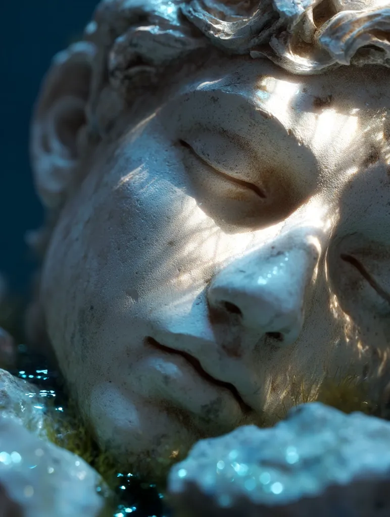 Close-up view of a serene, sleeping face sculpted in light-colored stone.  The statue's features are soft and detailed, with subtle shadows and highlights enhancing the texture.  The surrounding environment is dark, emphasizing the ethereal glow on the face.  The overall impression is one of tranquility and perhaps even a subtle sense of mystery.